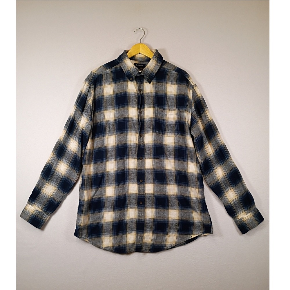 Cottagecore Croft & Barrow Mens Large Navy Blue Plaid Cotton Flannel Button Down